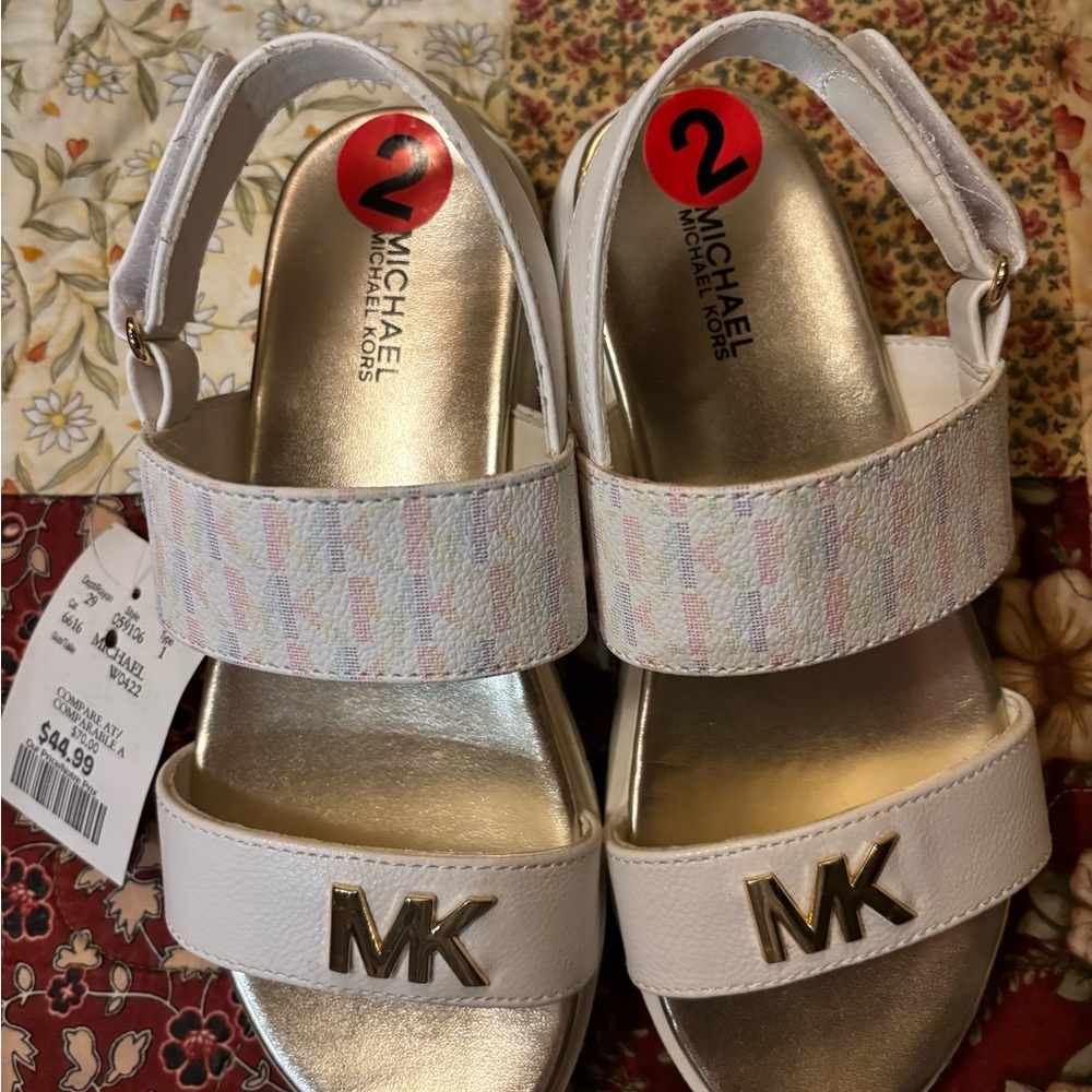 Michael Kors Girls White Sandals with Gold MK Logo and Pastel Strap - Picture 6 of 8